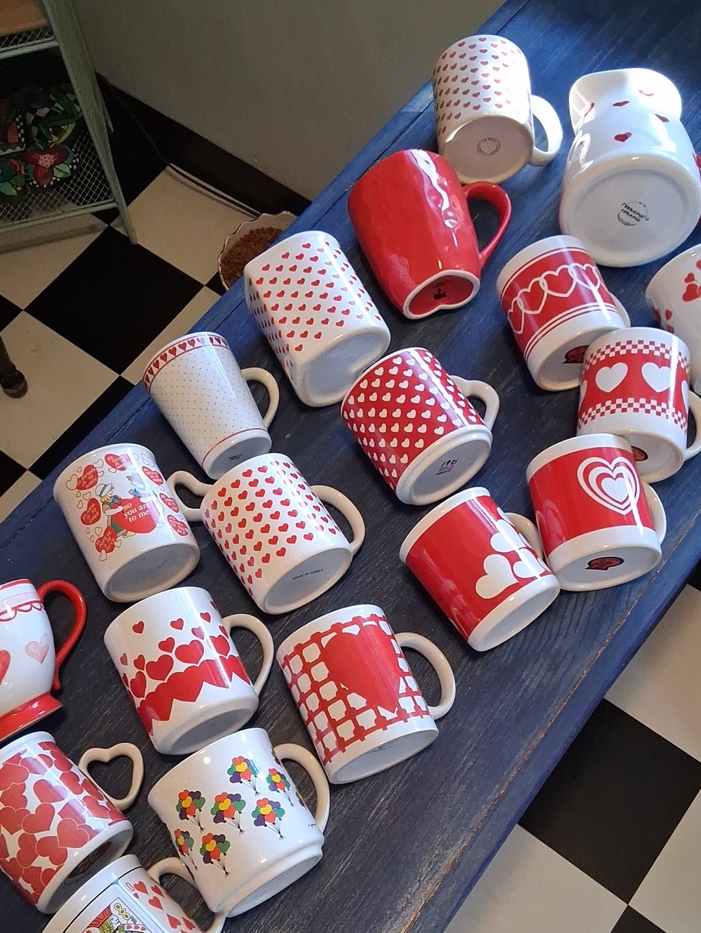 Red and White Heart Pattern Ceramic Mug Coklection - 17 Mugs